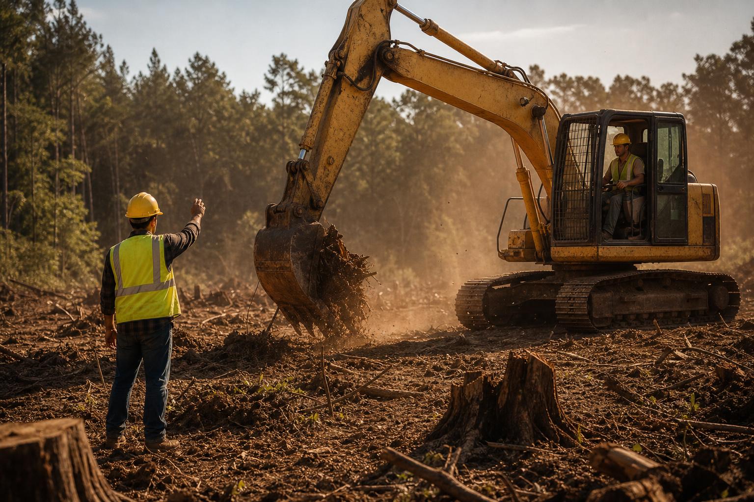 TNT Excavating Solutions excavation crew at work on a land clearing project